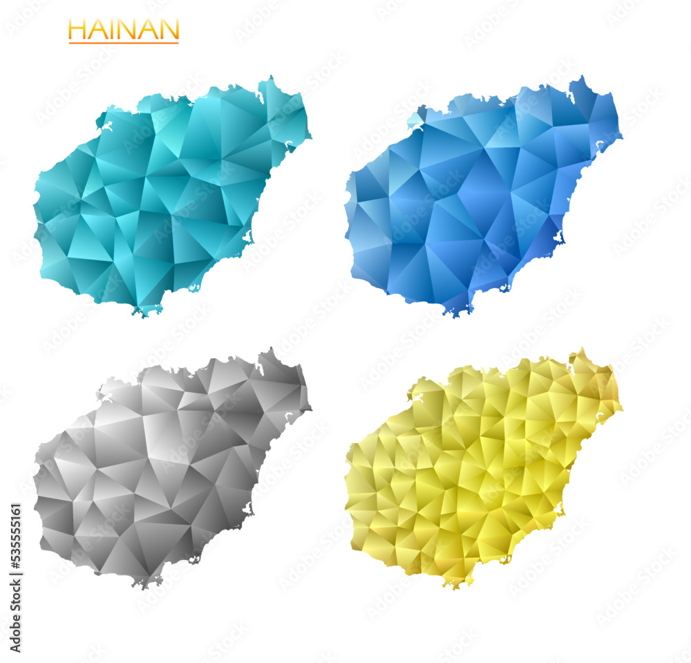 Set of vector polygonal maps of Hainan. Bright gradient map of the island in a low poly style. Multicolored Hainan map in a geometric style for your infographics. Captivating vector illustration. Set of vector polygonal maps of Hainan. Bright gradient map of the island in a low poly style. Multicolored Hainan map in a geometric style for your infographics. Captivating vector illustration.