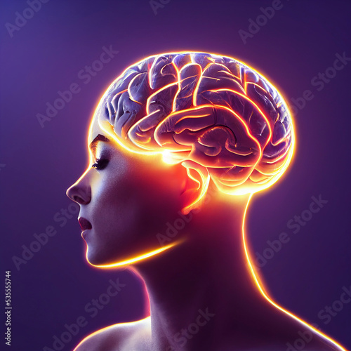 Intricate Illustration Of The Human Brain Illuminated On A Beautiful Woman's Head
