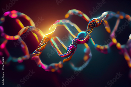 Glowing Golden DNA Double Helix Chromosomes - Beautiful Medical Illustration Of Human Genome Highliting Parts e.g. To Be Edited By CRISPR Cas9 photo