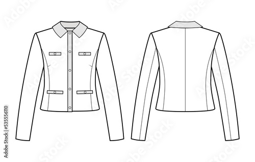Fashion technical drawing of cropped jacket with collar. Fashion flat sketch of elegant woman jacket 