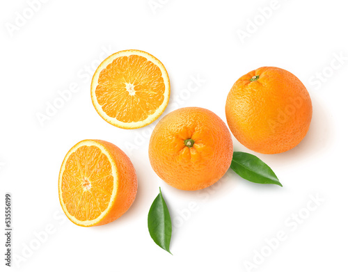 Flat lay of Orange with cut in half isolated on white background.