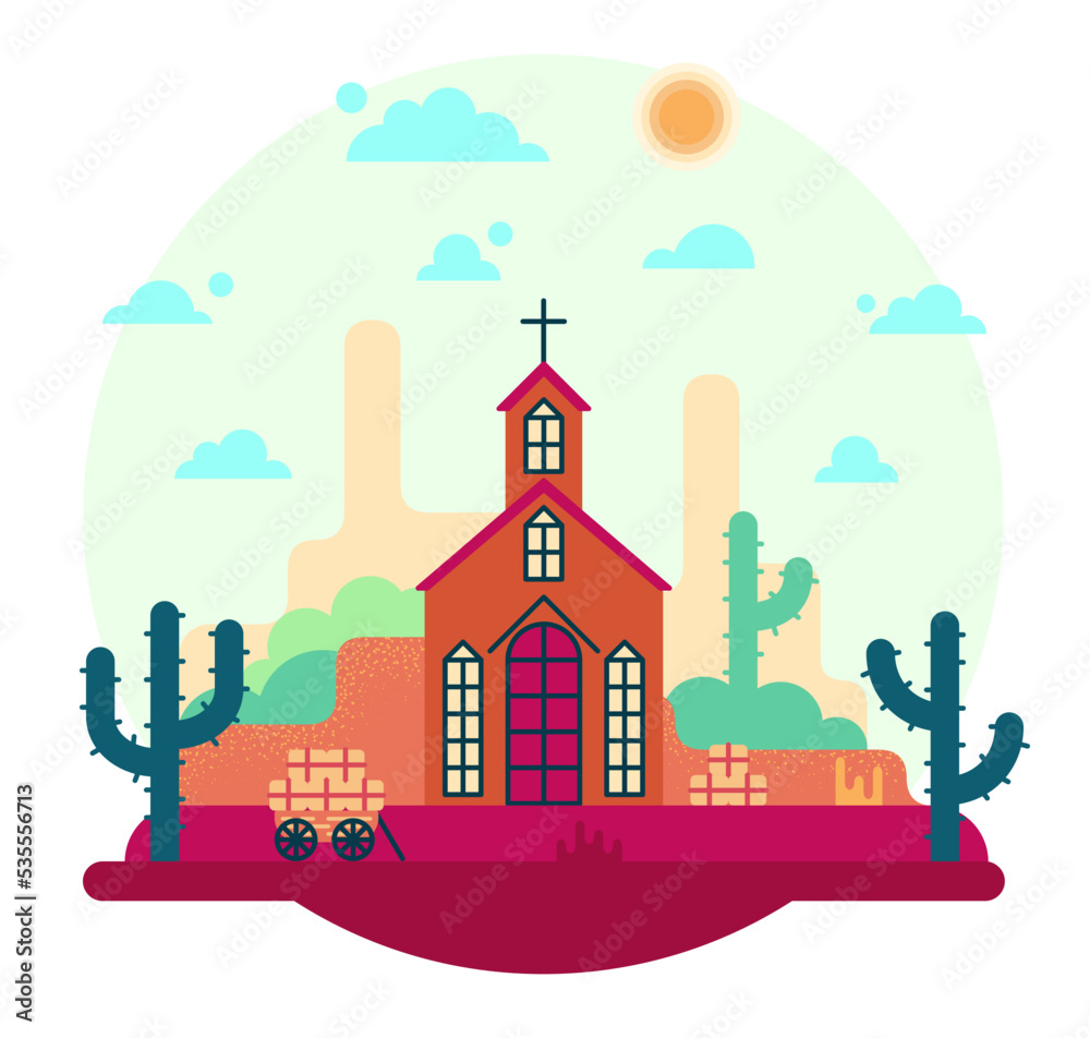 Church in wild west, vector cartoon illustration in flat stile