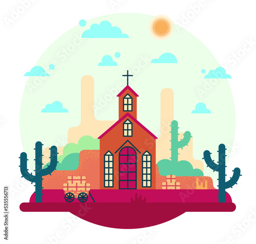 Church in wild west, vector cartoon illustration in flat stile
