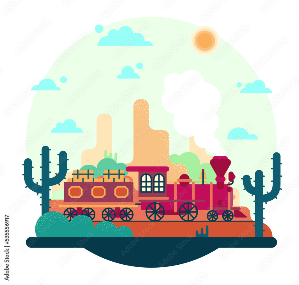 Wild west vector illustration, desert with cacti and old train - Red locomotive with freight wagon Wild west vector illustration, desert with cacti and old train - Red locomotive with freight wagon
