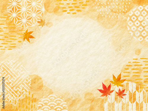 秋 紅葉 和紙 お歳暮 水彩 和柄 フレーム 背景 water color オレンジ 温かい	