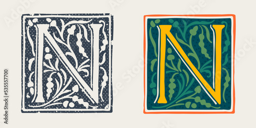 N letter logo in medieval gothic style. Set of dim colored and monochrome grunge style emblems.