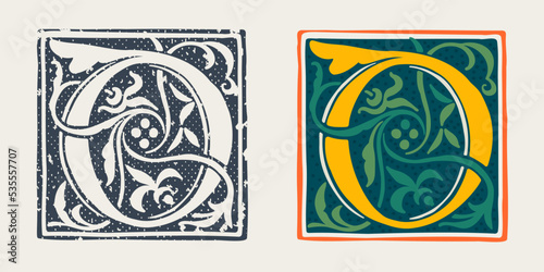 O letter logo in medieval gothic style. Set of dim colored and monochrome grunge style emblems.