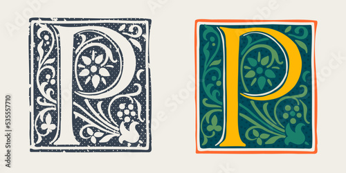 P letter logo in medieval gothic style. Set of dim colored and monochrome grunge style emblems.