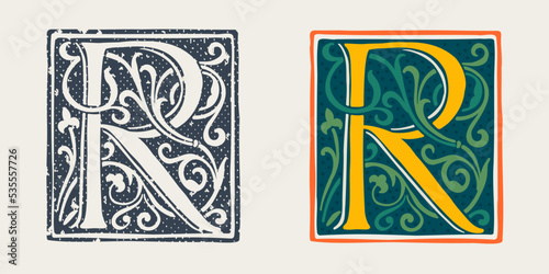 R letter logo in medieval gothic style. Set of dim colored and monochrome grunge style emblems.