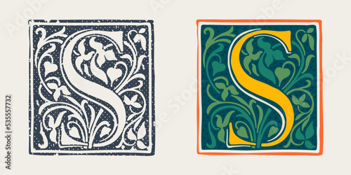 S letter logo in medieval gothic style. Set of dim colored and monochrome grunge style emblems.