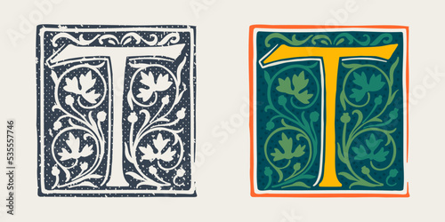 T letter logo in medieval gothic style. Set of dim colored and monochrome grunge style emblems.