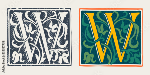 W letter logo in medieval gothic style. Set of dim colored and monochrome grunge style emblems.