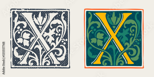 X letter logo in medieval gothic style. Set of dim colored and monochrome grunge style emblems.