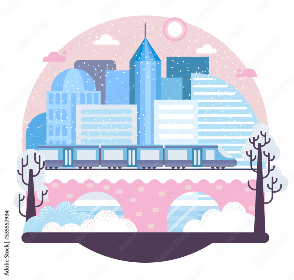 Train on bridge in megapolis winter background - Vector illustration in flat stile