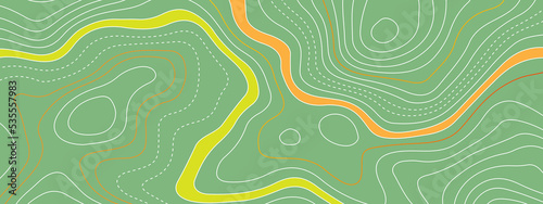 The stylized colorful wavy abstract topographic map contour, lines Pattern background. Topographic map and landscape terrain texture grid. Wavy banner and color geometric form. Vector illustration.