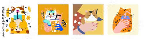 Bubble Tea Cat Set. Bubble tea, gourmet drinks, coffee and soft drinks. Vector illustration.