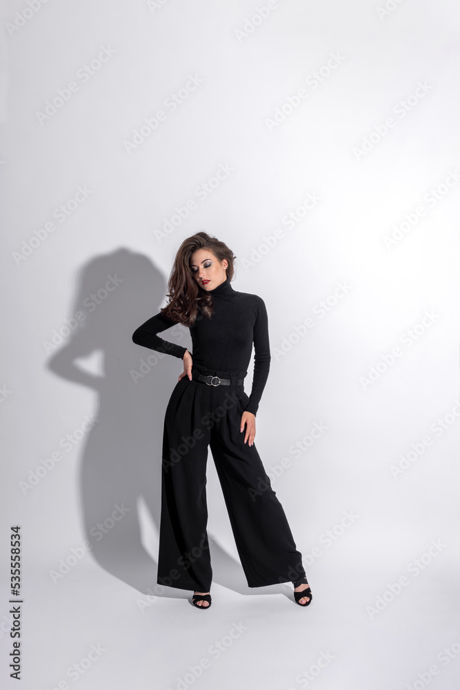 Beauty, fashion, style and make-up concept. Beautiful woman with dark pants and blouse studio portrait. Girl making various fashion poses. Model with long dark wavy hair, sun tan and red lipstick Beauty, fashion, style and make-up concept. Beautiful woman with dark pants and blouse studio portrait. Girl making various fashion poses. Model with long dark wavy hair, sun tan and red lipstick