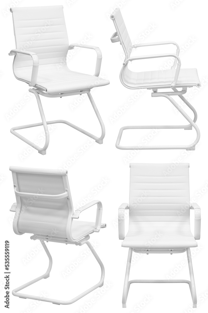 White office chair. Isolated from the background in different angles. Interior element White office chair. Isolated from the background in different angles. Interior element