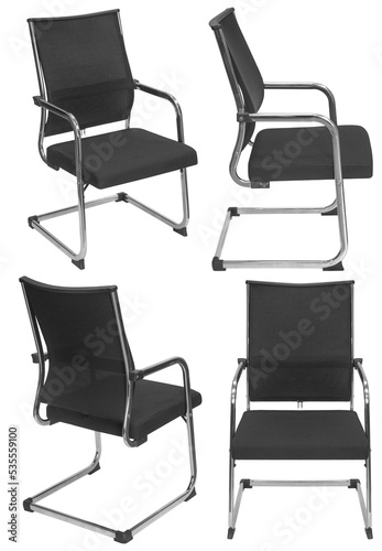 Black office chair. Isolated from the background in different angles. Interior element