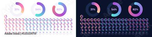 Loading indicator. Progress bar. Neon color, black background. Percentage meter. UI, User interface. Loading symbol. Download process. Circle icons set. 3d template. Modern design. Vector illustration