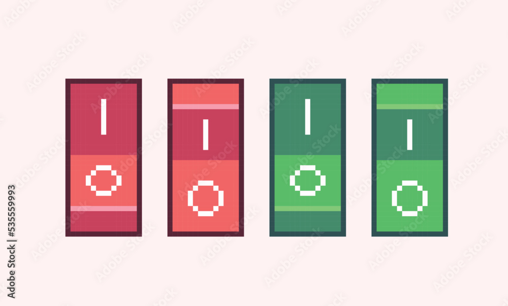 Switch on and off button pixel art set. Shutdown slider collection. Red ...