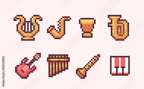 Musical instruments pixel art set. Guitar, trumpet, drum collection.  Keyboard and percussion 8 bit sprite. Game development, mobile app.  Isolated vector illustration.