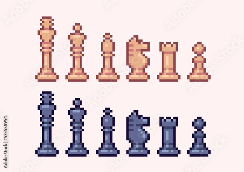 Chess figures pixel art set. Chessmen collection 8 bit sprite. Game development, mobile app.  Isolated vector illustration.