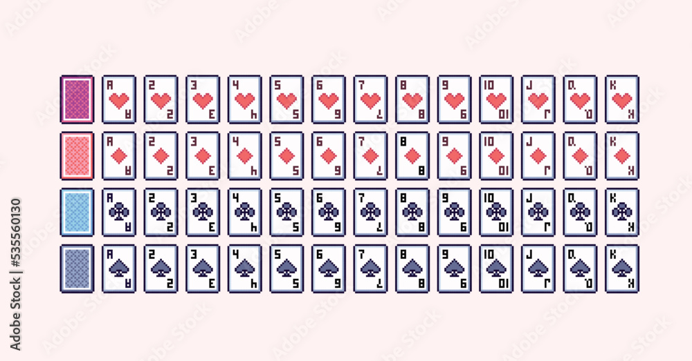 Vektorová grafika „Full deck of poker cards pixel art set. Classic