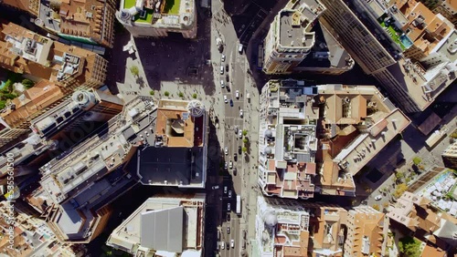 Aerial city scene. Downtown cityscape with Gran Via street. Cinematic 4K