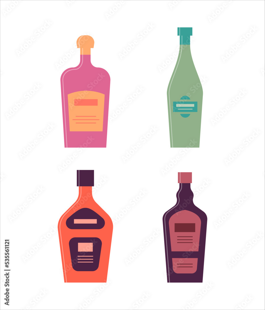 Bottle of cream, vermouth, balsam, liquor. Icon bottle with cap and label. Great design for any purposes. Flat style. Color form. Party drink concept. Simple image shape