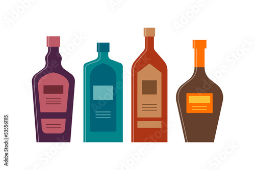 Set bottles of liquor, gin, whiskey, balsam great design for any purposes. Icon bottle with cap and label. Flat style. Color form. Party drink concept. Simple image shape