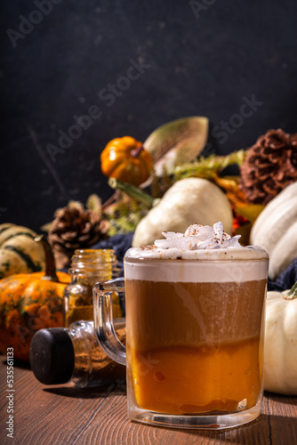 Glass cup with tasty pumpkin spice latte, with white and orange pumpkin squash, pumpkin pie spices and autumn decor copy space. Traditiional autumn Thanksgiving holiday drink