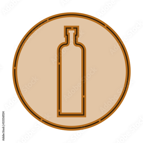 Illustration of bottle of balsam in flat style in form of thin lines. In the form of background is circle of color drinks. Isolated object design beverage. Simple icon for restaurant, pub, party