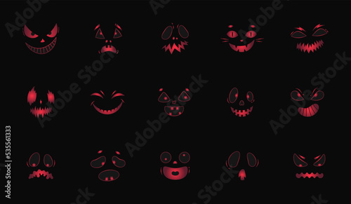 Halloween scary pumpkins faces cut set. Spooky mouths and eyes of evil jack lanterns pumpkins. 