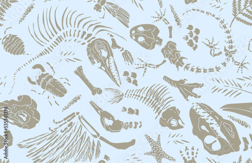 Isolated stencil imprints skeletons of prehistoric animals, insects and plants. Seamless pattern realistic hand drawn art. Vector illustration