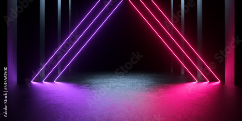 Neon Light Triangle Glowing Illumination Beam Lines Empty Podium Stage On Cencrete Floor Abstract Backgrounds 3d Rendering Illustration © Maipai