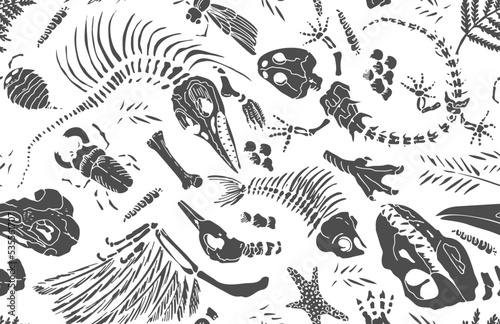 Isolated black stencil imprints skeletons of prehistoric animals, insects and plants on white background. Seamless pattern realistic hand drawn art. Vector illustration