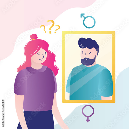 Sad female character cannot self-determine sex. Person with gender dysphoria looking in mirror