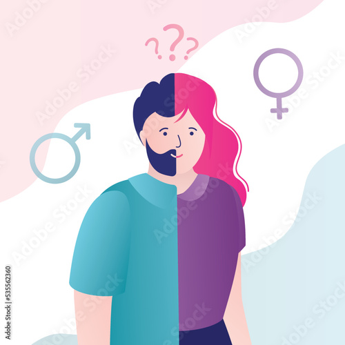 Person with gender dysphoria doesn't understand what sex he belongs to. Concept of gender identity, transsexuality. Character tries to self-define himself as man or woman.