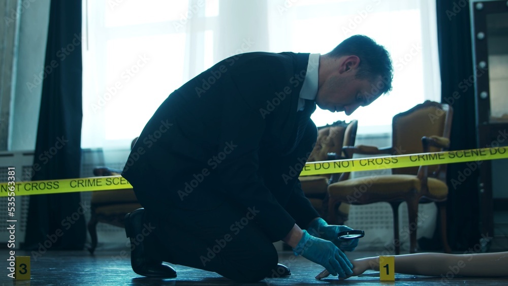 Detective Collecting Evidence in a Crime Scene. Forensic Specialists Making Expertise at Home of a Dead Person. Homicide Investigation by Professional Police Officer. Detective Collecting Evidence in a Crime Scene. Forensic Specialists Making Expertise at Home of a Dead Person. Homicide Investigation by Professional Police Officer.