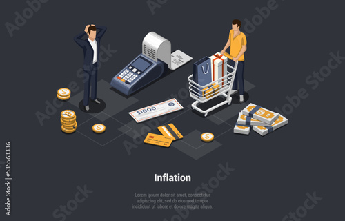 Global World Financial Crisis Concept. Default, Inflation, Devaluation, Stock Market Crash. Shocked People Lose Money And Investments. Price Increase Process. Isometric Cartoon 3d Vector Illustration