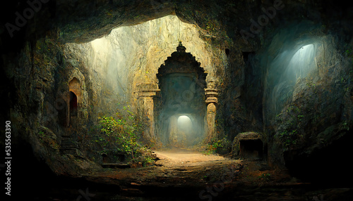 AI generated image of an ancient Hindu temple inside a cave