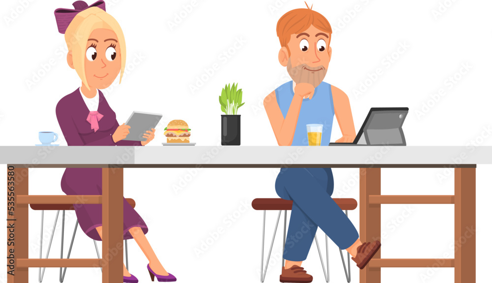 People sit in cafe. Cartoon man and woman with gadget