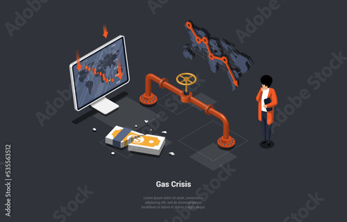 Concept Of Natural Gas Crisis, Oil Embargo, Default, Economy Crisis And Bankruptcy. Restrictions on Natural Gas Supplies And Descending Falling Price Chart. Isometric Cartoon 3D Vector illustration