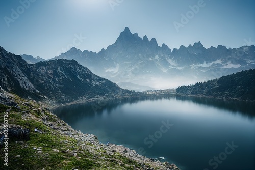 Dolomites landscape, peaks and lake