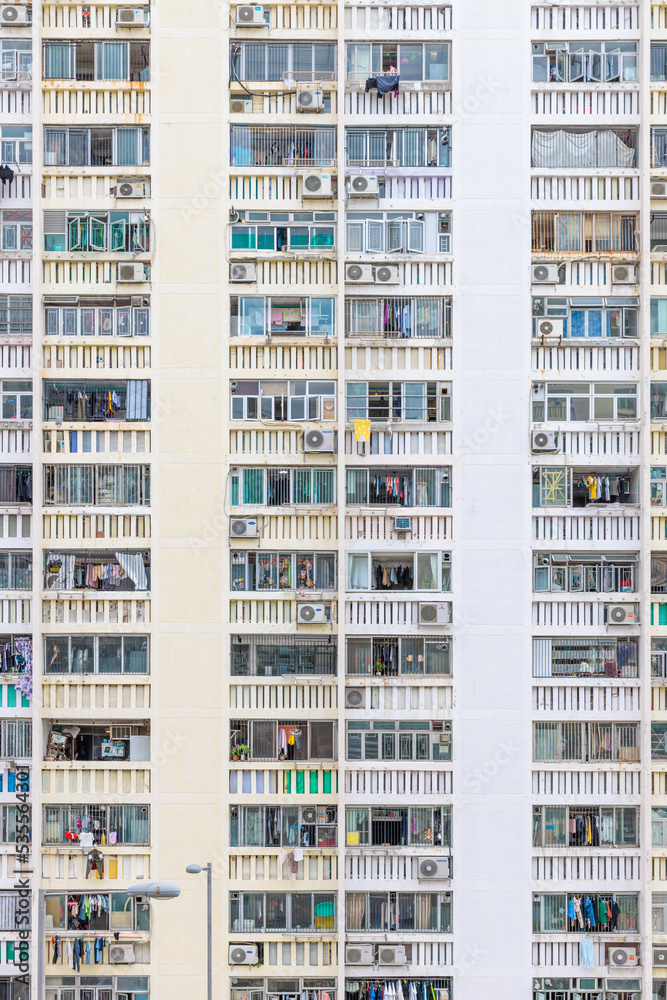 Front view of the building exterior of the Wah Fu Estate public housing in Hong Kong.