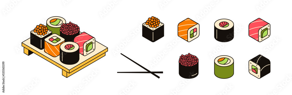 Vector illustration of traditional asian food, serving sushi on board. Collection of 3d seafood icons, japanese cuisine. Set of rolls with rice, fish, salmon, avocado and seaweed