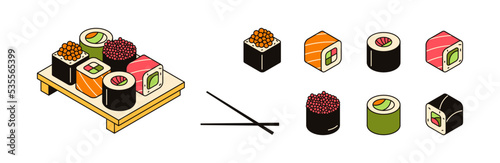 Vector illustration of traditional asian food, serving sushi on board. Collection of 3d seafood icons, japanese cuisine. Set of rolls with rice, fish, salmon, avocado and seaweed