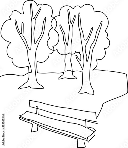 Landscape park with path and trees. Continuous line drawing illustration. Vector