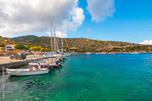 Aerial top view of a lot of boats and yachts moored in marina. Zakynthos  Greece